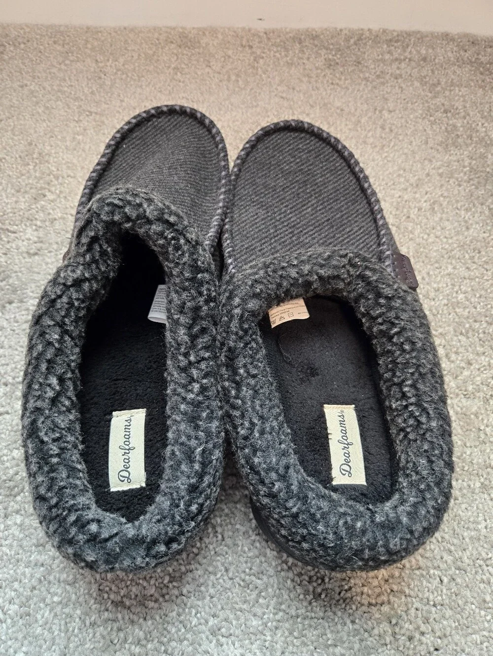 Dearfoams Men’s Charcoal Knit-Trim Slip-On Slippers- Large